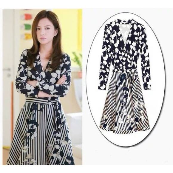 DVF Diane von Furstenberg AMELIA Floral Stripe Wrap Dress Sz 8 FLAWS Preppy Silk - Picture 2 of 14